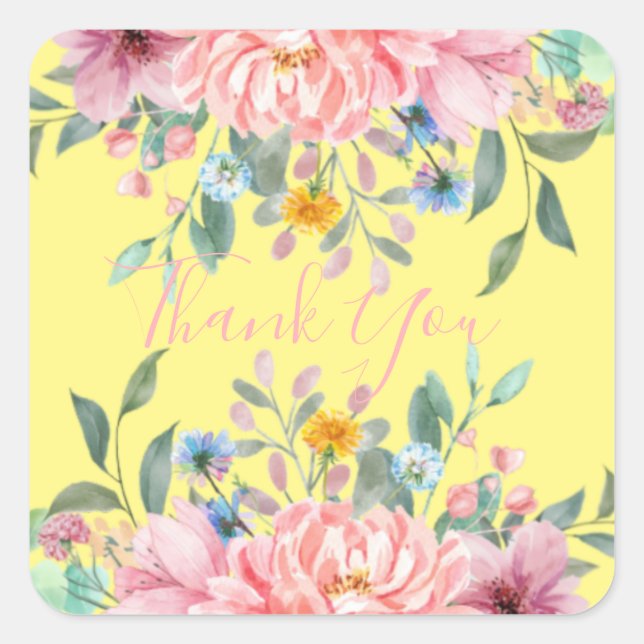 Adesivo Quadrado Amarelo ensolarado com vinheta quadrada de flores (Frente)