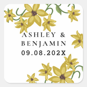 Adesivo Quadrado Amarelo Floral Botânico de Girassol Desenhado à Mã