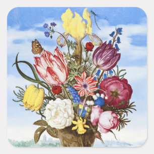 Adesivo Quadrado Ambrosius Bosschaert Buquê de Flores numa Margem