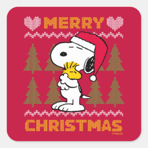 Adesivo Quadrado Amendoins   Snoopy & Woodstock Santa Claus Hug