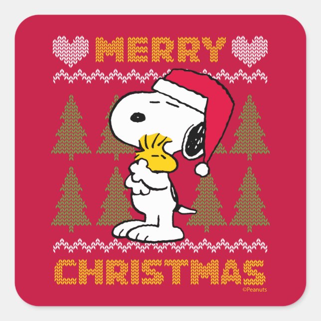 Adesivo Quadrado Amendoins | Snoopy & Woodstock Santa Claus Hug (Frente)