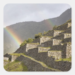 Adesivo Quadrado América do Sul, Peru, Machu Picchu. Arco-íris sobr