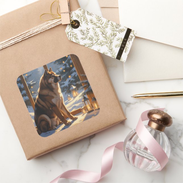 Adesivo Quadrado American Akita With Christmas Lights Holiday (Presentear)