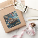Adesivo Quadrado American English Foxhound Christmas Fesyage Voyage<br><div class="desc">Mergulhe na magia da temporada de férias com esta ilustração lindamente detalhada, mostrando um cachorro orgulhoso sentado em um barco festivamente decorado, deslizando através de um lago de Natal sereno. As luzes cintilantes dos pinheiros próximos refletem sobre a água, lançando um brilho quente e festivo que melhora o conforto ambiente....</div>