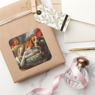 Adesivo Quadrado American English Foxhound Dog Christmas Festivo