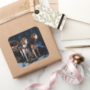 Adesivo Quadrado American English Foxhound Snowy Sleigh Natal