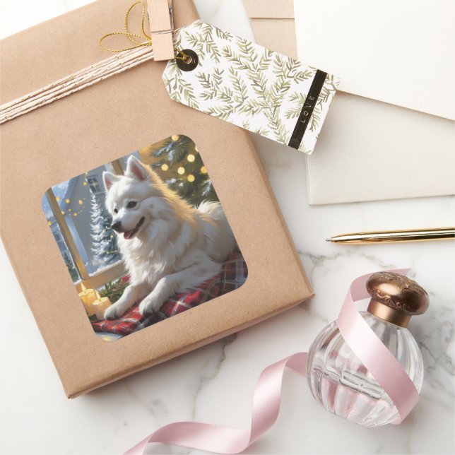 Adesivo Quadrado American Eskimo With Christmas Lights Holiday (Presentear)