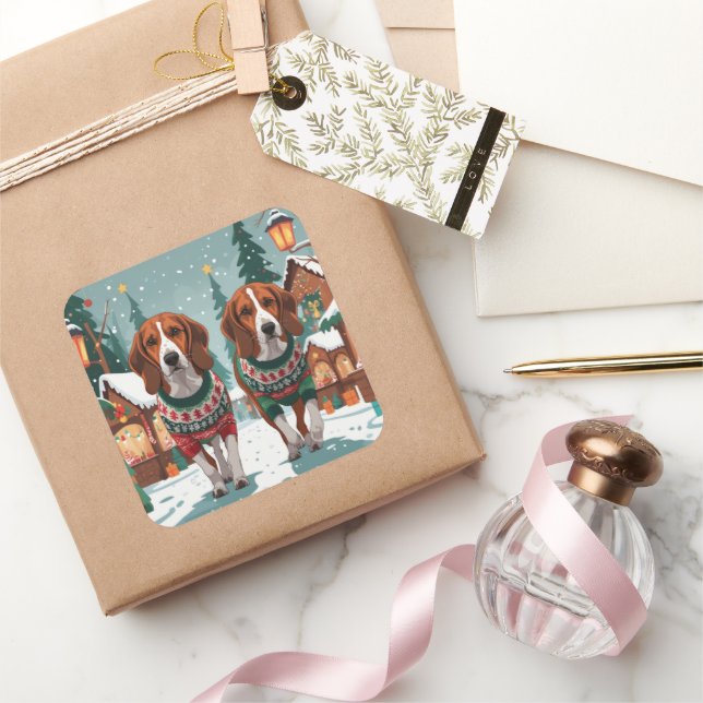 Adesivo Quadrado American Foxhound Dogs Christmas Snow Holiday (Presentear)