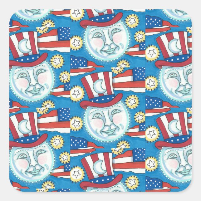 ADESIVO QUADRADO AMERICANA PATRIÓTICO DE ARTE FOLK NA LUA (Frente)