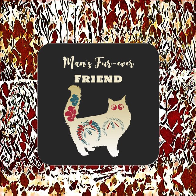 Adesivo Quadrado Amigo Eterno do Homem Gato Dourado Decoração de Ar (Mans Forever Friend Gold Cat Folk Art Decorative Square Sticker)