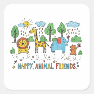 Adesivo Quadrado Amigos Animais Felizes