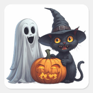 Adesivo Quadrado Amigos do Halloween com Abóbora e Gato Preto 🎃