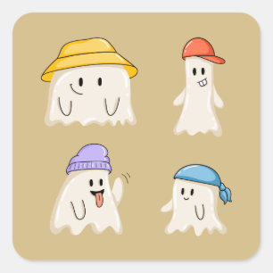 Adesivo Quadrado Amigos Fantasmas Usando Chapéus Coloridos