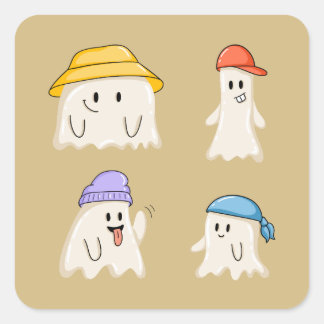 Adesivo Quadrado Amigos Fantasmas Usando Chapéus Coloridos