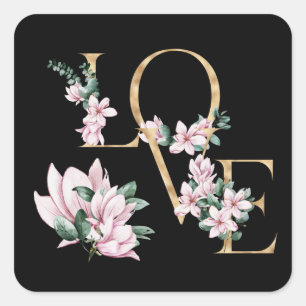 Adesivo Quadrado Amor à letra dourada com flores magnólia