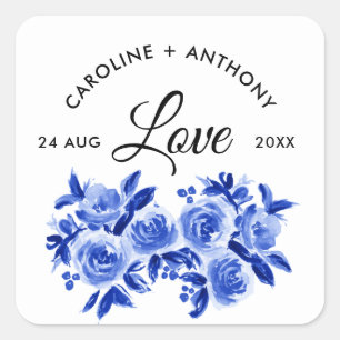 Adesivo Quadrado Amor. Casamento Floral Real Blue Watercolor