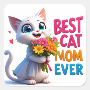 Adesivo Quadrado Amor de Mãe de Gato com Flores e Corações 🐱