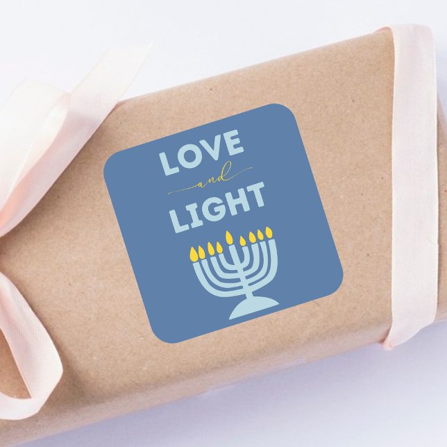 Adesivo Quadrado "Amor e Luz" Judeu Menorah Blue Hanukkah (Criador carregado)