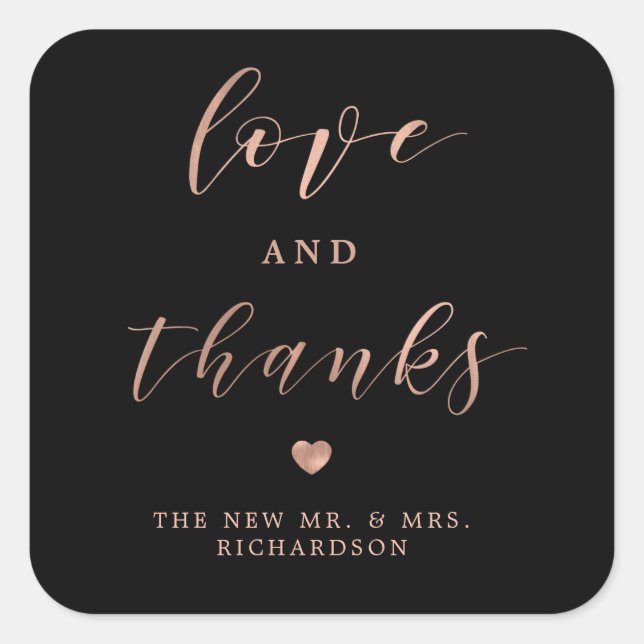 Adesivo Quadrado Amor e Obrigados | Rosa Dourada Faux e Casamento N (Frente)