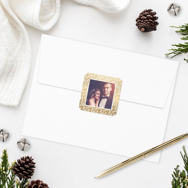 Adesivo Quadrado Amor em Roteiro Moderno Dourado em Foto de Casamen (Criador carregado)