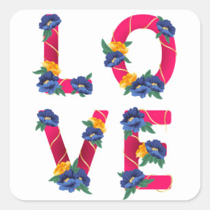 Adesivo Quadrado Amor Floral Rosa com Flores Azuis e Amarelas