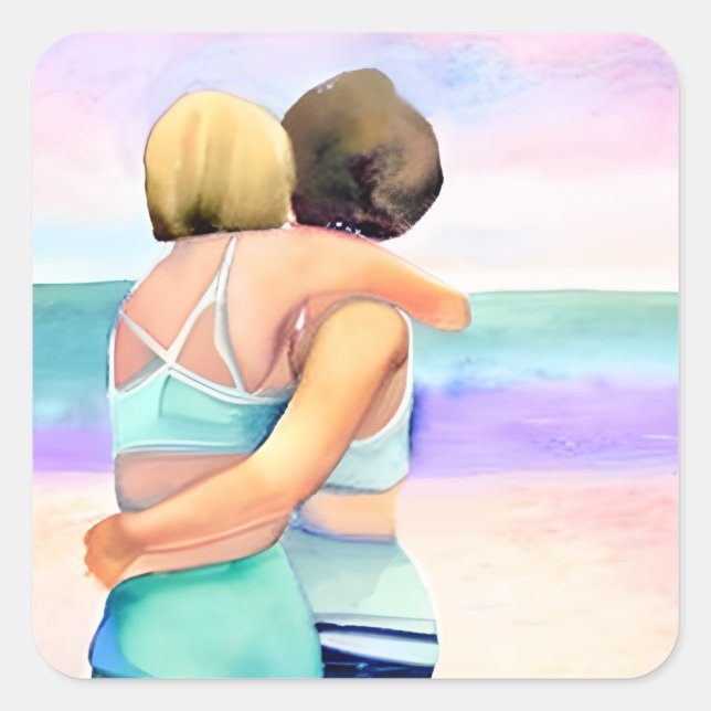 Adesivo Quadrado Amor lésbica | Duas mulheres que abraçam em Praia (Frente)