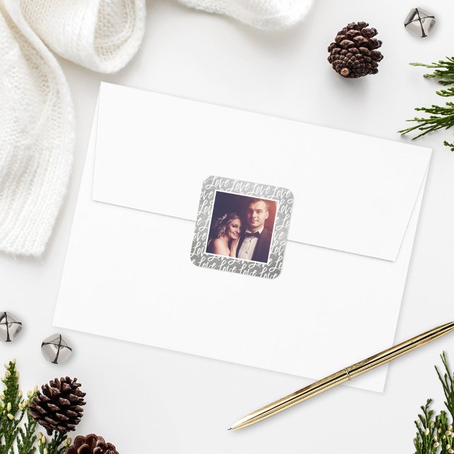 Adesivo Quadrado Amor Prateado em Letra de Forma em Foto de Casamen (Criador carregado)