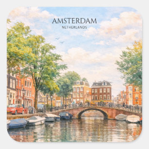 Adesivo Quadrado Amsterdã Holanda Canal Cidade Colorida Viagem