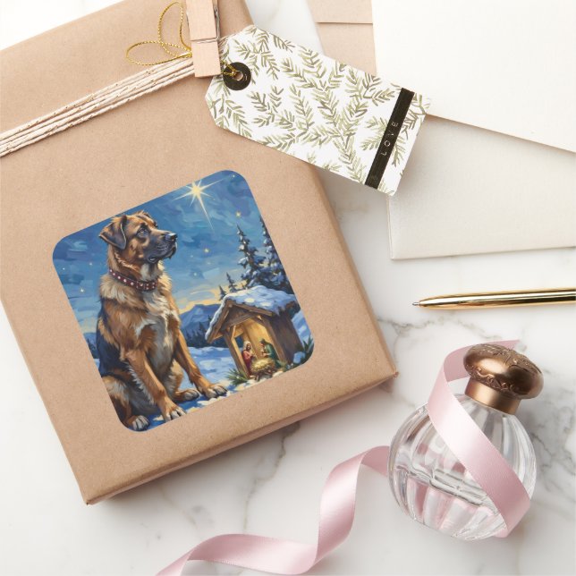 Adesivo Quadrado Anatolian Shepherd Dog Guarding Nativity Scene (Presentear)