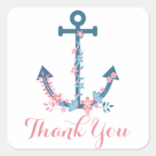 Adesivo Quadrado Âncora de Navio Obrigado Flores Rosa Azul