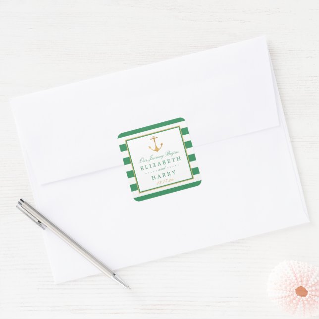 Adesivo Quadrado Âncora Dourada, Casamento Verde e Dourado Marítimo (Envelope)
