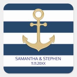 Adesivo Quadrado Âncora Dourada de Stripes Brancas Azuis Marinhos N