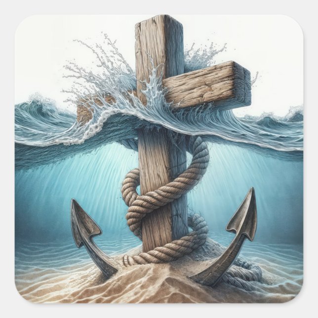 Adesivo Quadrado Âncora Náutica e cruz na água do oceano (Frente)
