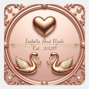 Adesivo Quadrado Anéis de Noiva Cisne Floral Dourado Rosa