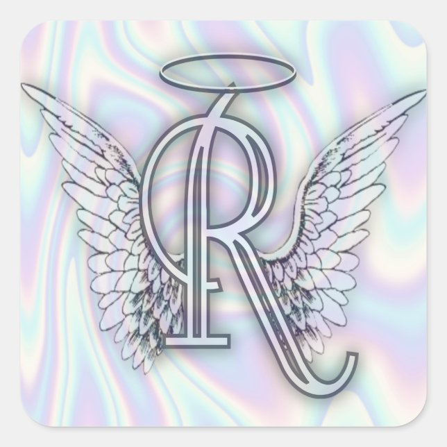 Adesivo Quadrado Angel Alphabet R Letra Inicial Wings Halo Square (Frente)