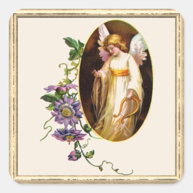 Adesivo Quadrado Angel Com Flores Harp E Clematis (Frente)