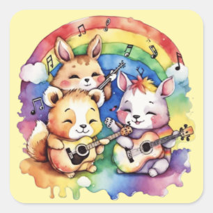 Adesivo Quadrado Animais bonitos tocando música no arco-íris