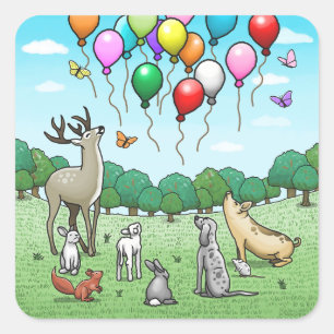 Adesivo Quadrado Animais com Balões de Aniversário