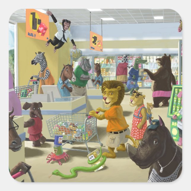 Adesivo Quadrado animais comprando em um supermercado (Frente)