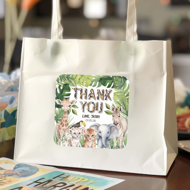 Adesivo Quadrado Animais da selva, Safari temse o obrigado do anive (Wild One Safari Animals, Boy birthday thank you stickers)