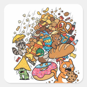 Adesivo Quadrado Animais de desenho animado com lanches caindo isol