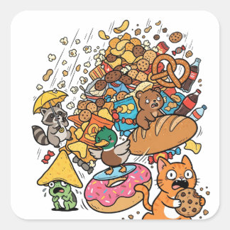 Adesivo Quadrado Animais de desenho animado com lanches caindo isol