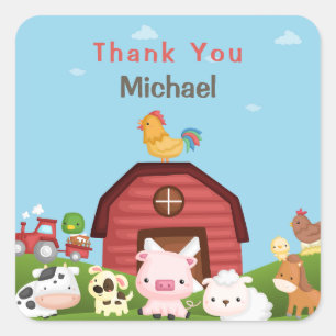 Adesivo Quadrado Animais De Fazenda Barnyard Aniversário Obrigado E