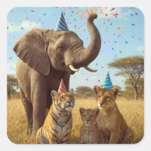 Adesivo Quadrado Animais de festa africanos com chapéus e confetes