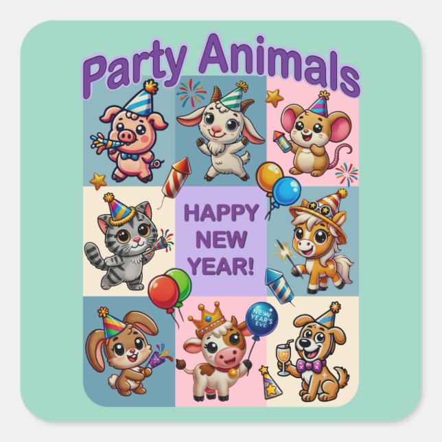 Adesivo Quadrado Animais de festa "Feliz ano novo" (Frente)