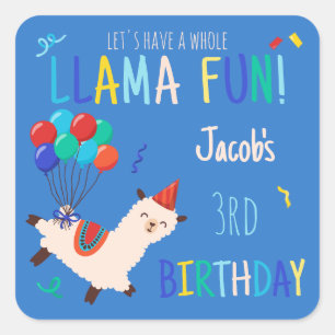 Adesivo Quadrado Animais de Festa Llama Aniversário Meninos Azul