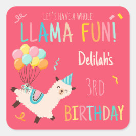 Adesivo Quadrado Animais de Festa Llama Garotas de Aniversário Rosa