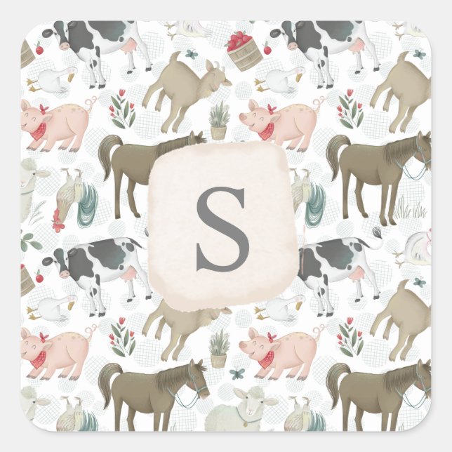 Adesivo Quadrado Animais de Monograma de Campanha Farmhouse Cuja Pr (Frente)