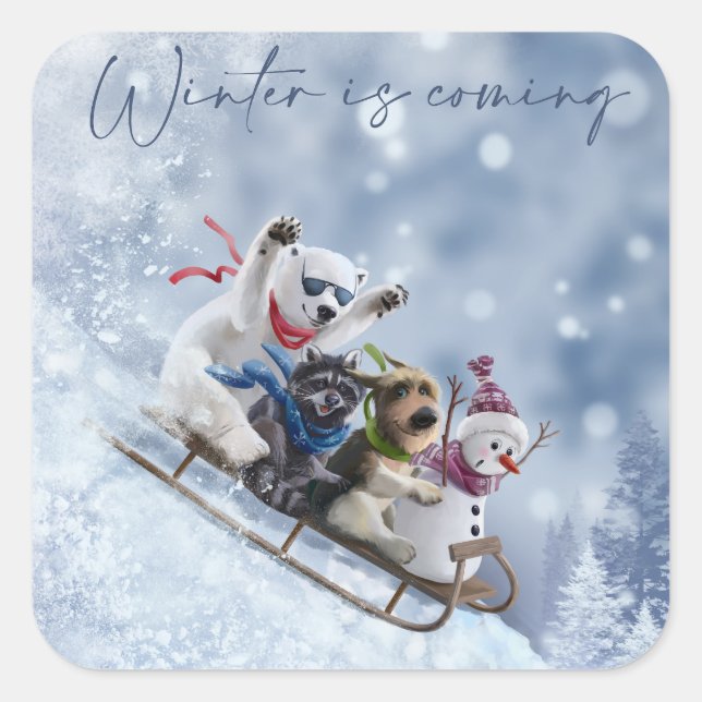 Adesivo Quadrado Animais descem a montanha em trenós (Frente)