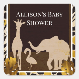 Adesivo Quadrado Animais do Safari de Impressão de Festa Ouro Preto